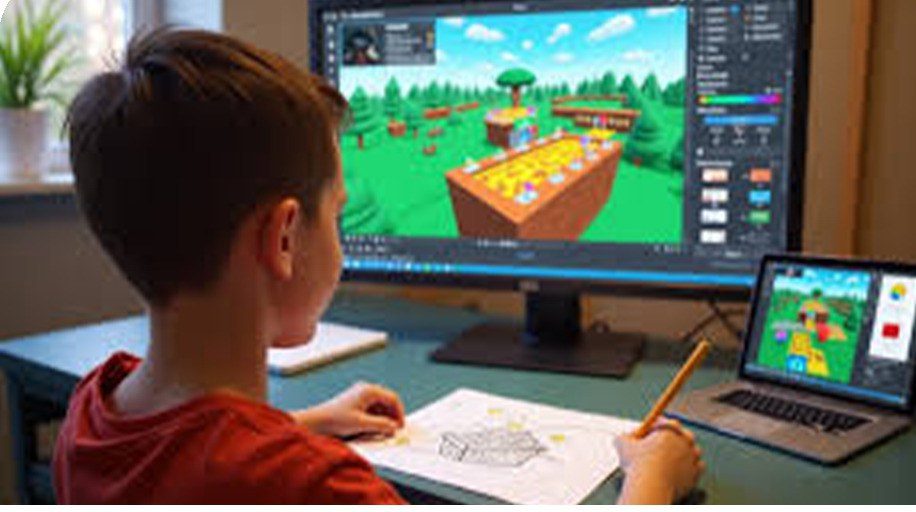 Un enfant conçoit un monde de jeu en 3D sur son écran