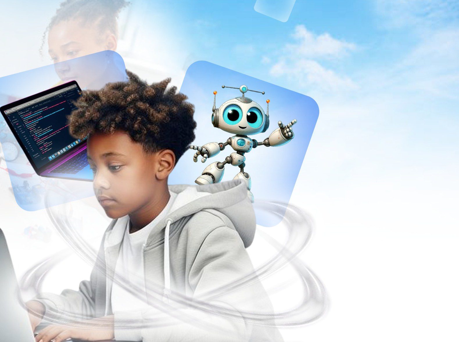 Un enfant programme sur son ordinateur portable, un petit robot à ses côtés